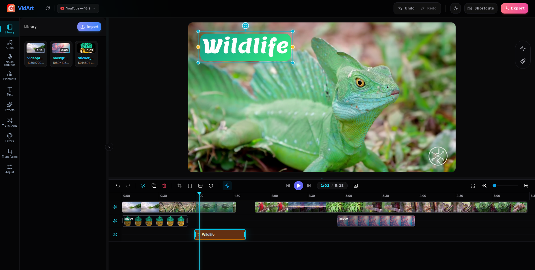 YouTube向けの横向き動画を編集しているVidArt動画エディター