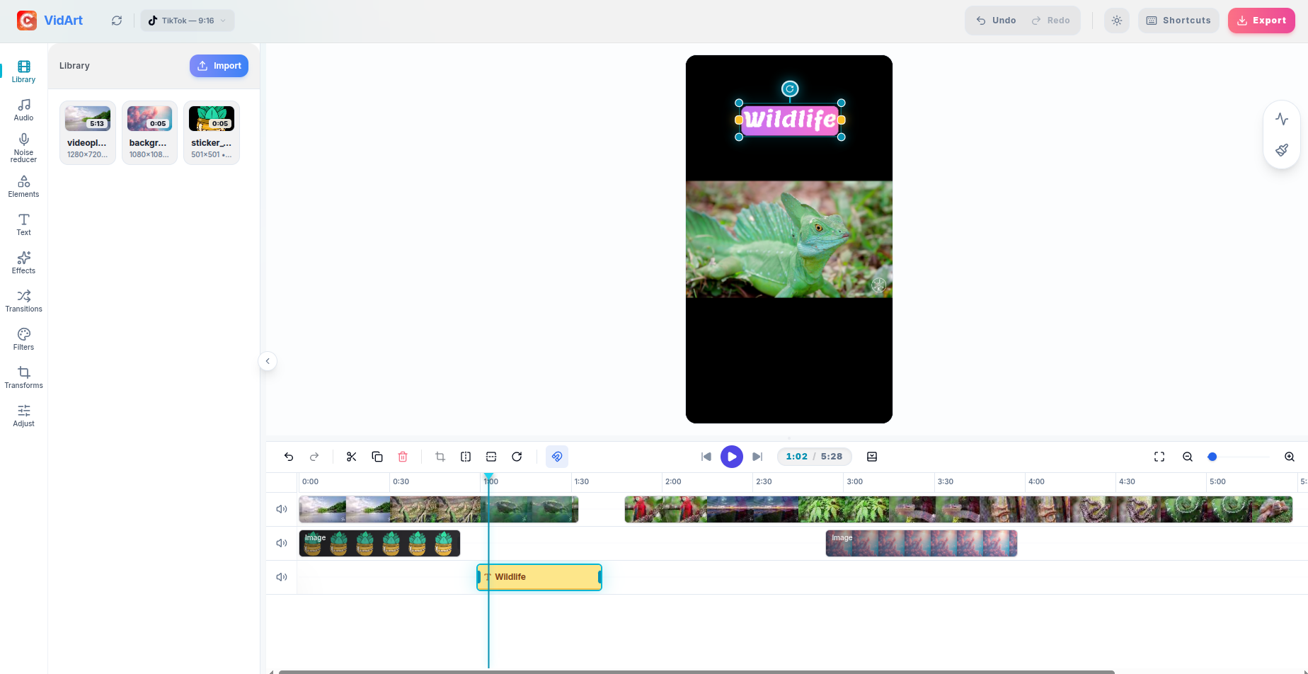 TikTokやリール向けの縦向き動画を編集しているVidArt動画エディター